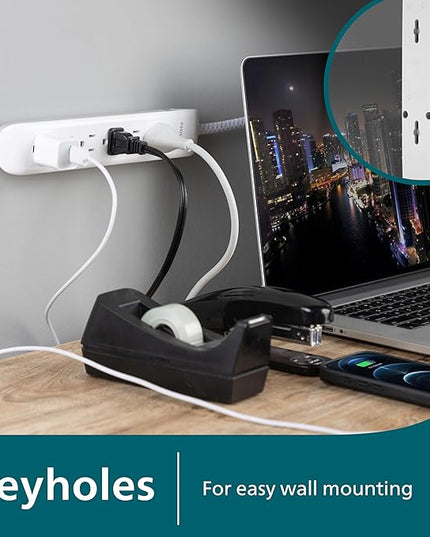 Philips 6 Outlet Surge Protector Power Strip, Designer Braided Power Cord, 4 Ft Power Cord, Flat Plug Extension Cord, Perfect for Office or Home Décor, 720 Joules, ETL Listed, White, SPC3064WE/37