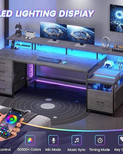 SEDETA 75'' Computer Desk with 5 Drawer, Power Outlet & Led Lights, Home Office Desk with File Drawer, Storage Shelves, Printer Cabinet and Monitor Shelf, 23.6" W Large Desktop Gaming Desk, Grey