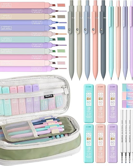 Nicpro 39 PCS Aesthetic School Supplies with Cute Pencil Case, 12 Color Pastel Highlighters, 5 Quick Dry Retractable Black Ink Pens, 6 Pastel Mechanical Pencil 0.5 & 0.7 mm for Student Stationary