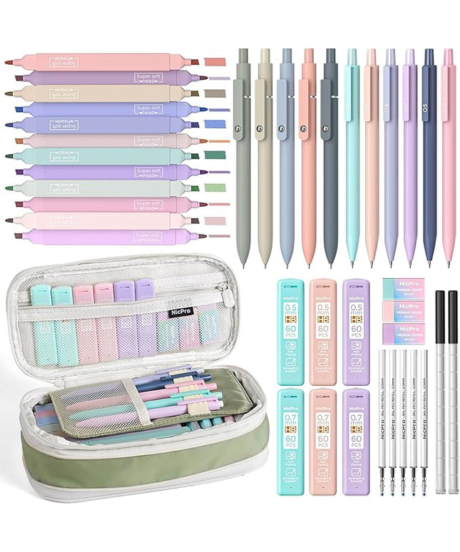 Nicpro 39 PCS Aesthetic School Supplies with Cute Pencil Case, 12 Color Pastel Highlighters, 5 Quick Dry Retractable Black Ink Pens, 6 Pastel Mechanical Pencil 0.5 & 0.7 mm for Student Stationary