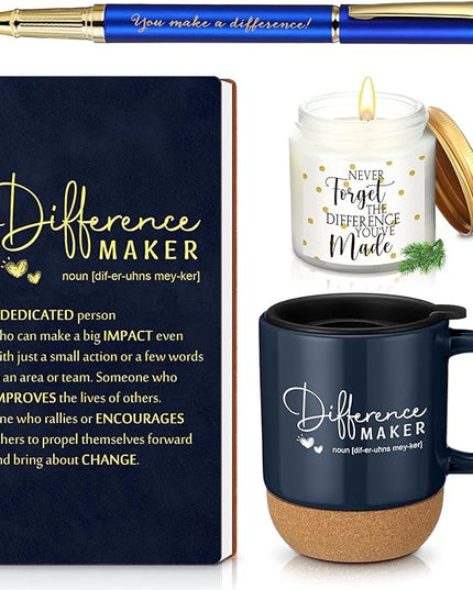 4 Pcs Difference Maker Gift for Women Men Teacher Employee Appreciation Gift for Coworker Staff Coach Difference Maker Mug Notebook Scented Candle Motivational Ballpoint Pen for Valentines(Navy Blue)