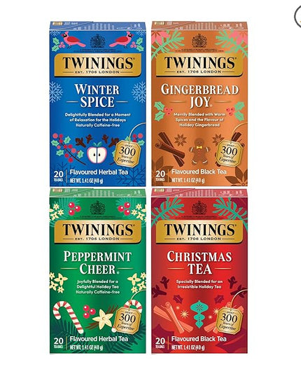 Twinings Holiday Variety Pack Tea Bags, Christmas Tea, Winter Spice, Gingerbread Joy, Peppermint Cheer, 20 Count (Pack of 4), Enjoy Hot or Iced, 80 Teabags