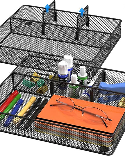 Desk Drawer Organizer Tray, Metal Mesh Drawer Organizers Office, 4 Grid with Adjustable Compartment, Desk Organizer Tray for Home Office 12x10.6x1.9 inch Black, 2 Pack