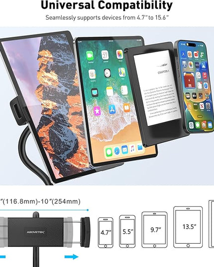 AboveTEK iPad Holder for Bed, Adjustable Tablet Bed Stand Mount, 360° Hands-Free Kindle Holder for Reading in Bed, Compatible w/ 4.7"-15.6" Tablets/iPads/Kindles/Phones/Samsung - Durable & Flexible