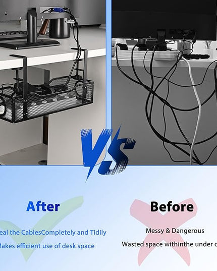Under Desk Cable Management Tray Small – Clamp-Mounted Wire Organizer & Cord Management Under Desk Holder, No-Drill Metal Cable Tray for Home Office (Black)