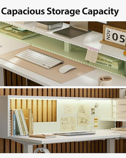 Agilestic L-Shaped Electric Standing Desk, 63x55 Inch Ergonomic Adjustable Height Desk with Storage, Stand Up Corner Desk Sit Stand Computer Table Power Outlet & LED Lights, Office Table, White