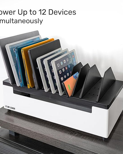 Line Leader 12-Device Open Charging Station | Compact Desktop Charger for Laptops, Tablets, & Chromebooks | Space-Saving Design with Adjustable Dividers & UL Safety-Certified Power Strip