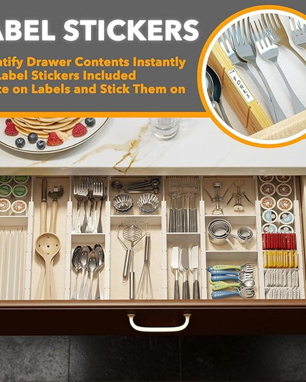 SpaceAid Bamboo Drawer Dividers with Inserts and Labels, Kitchen Adjustable Drawer Organizers, Expandable Organization for Home, Office, Dressers, 7 Dividers with 15 Inserts (17"-22" White)