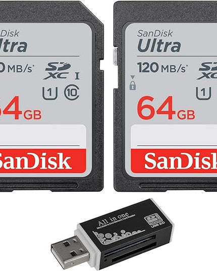 SanDisk (2-Pack) 64GB Ultra SDXC UHS-I Memory Card - 120MB/s, C10, U1, Full HD, SD Card - SDSDUN4-064G-GN6IN + Green Extreme 4 in 1 Memory Multi Card Reader