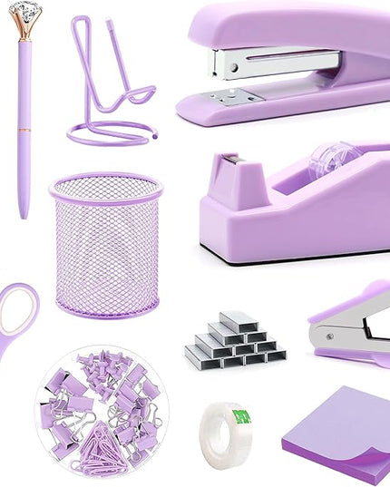 Purple Office Supplies, Purple Desk Accessories, Stapler, Staple Remover, Tape Holder, Pen Holder, Ballpoint Pen, Scissor, Binder Clips, 1000 Staples, Phone Holder, Ruler, Transparent Glue and Notes