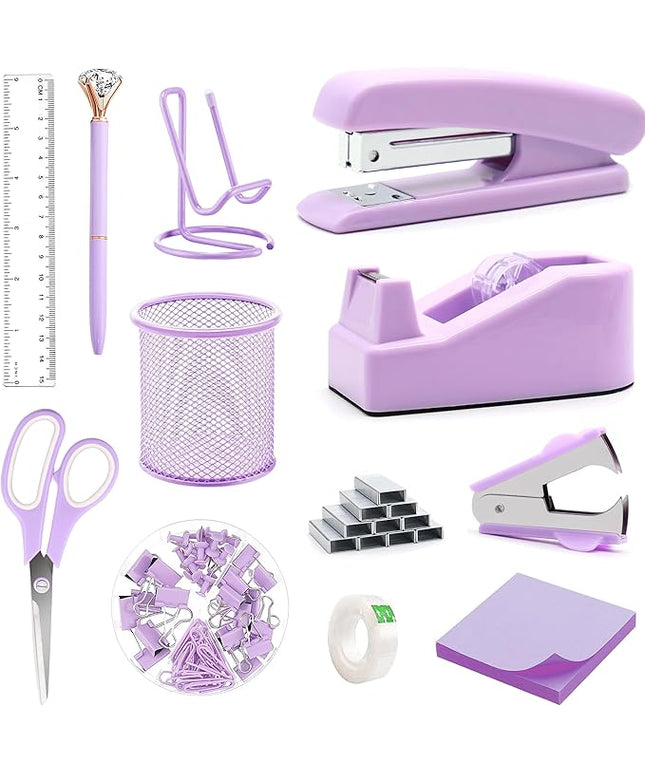 Purple Office Supplies, Purple Desk Accessories, Stapler, Staple Remover, Tape Holder, Pen Holder, Ballpoint Pen, Scissor, Binder Clips, 1000 Staples, Phone Holder, Ruler, Transparent Glue and Notes