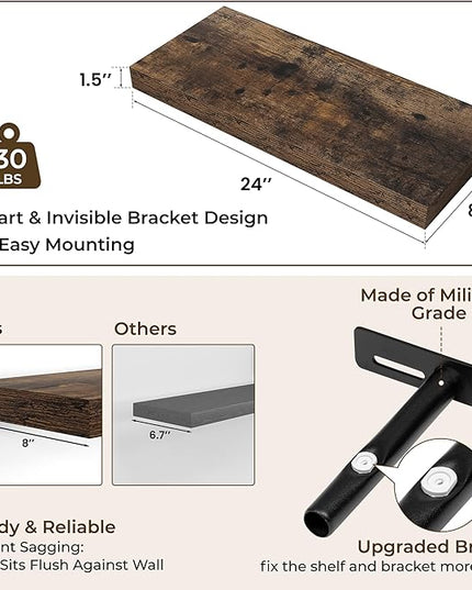 RICHFOCUS 24Inch Floating Shelves for Wall 2 Pack Shelves for Bedroom|Kitchen|Bathroom Wall Mounted Rustic Wood Floating Shelf with Invisible Brackets for Books|Storage|Decor, Rustic Brown