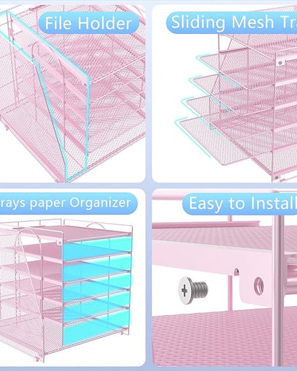 gianotter 6-Tier Paper Organizer With Magazine Holder, Desk Organizers and Accessories, Desk Accessories & Workspace Organizers, File Organizer for Office Supplies Storag (Pink, 6-Tier)