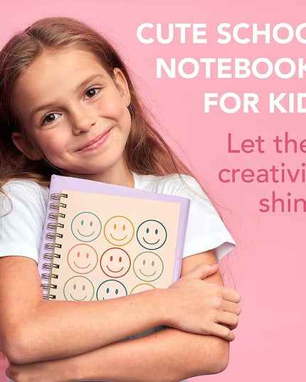 Cute Notebooks for School 4 Pack, A5 5.8 x 8.3 inch Happy Face Hardcover Notebooks for Work, Retro Aesthetic Notebooks College Ruled, Cute Spiral Journal for Women, Back to School Notebook for Kids