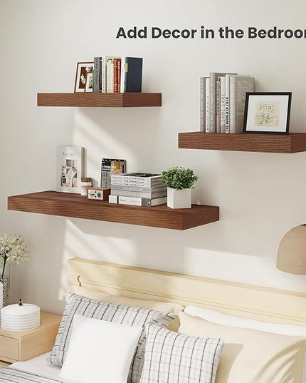 Heimlove 24 x 12 Inch Deep Floating Shelves Wall Mounted with Invisible Brackets,Storage Hanging Shelf for Wall Decor in Bathroom, Bedroom, Toilet, Kitchen, Living Room, Office Set of 2 (Walnut)