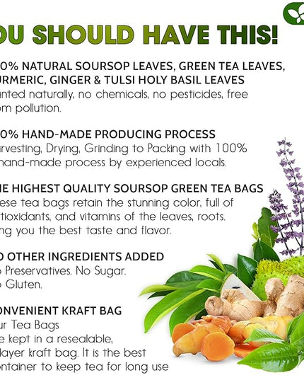 FreshDrinkUS, Premium 75 Tea Bags Soursop Green Tea, 100% Natural & Proprietary Blend from Soursop Leaves and Green Tea. Smooth Flavor. Made with Eco-Conscious Tea Bags. No Additives No Sugar, Vegan.