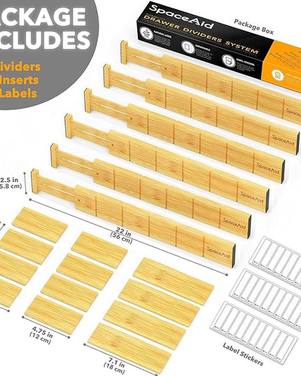 SpaceAid Bamboo Drawer Dividers with Inserts and Labels, Kitchen Adjustable Drawer Organizers, Expandable Organization for Home, Office, Dressers and Bathroom, 6 Dividers with 12 Inserts (17-22 in)