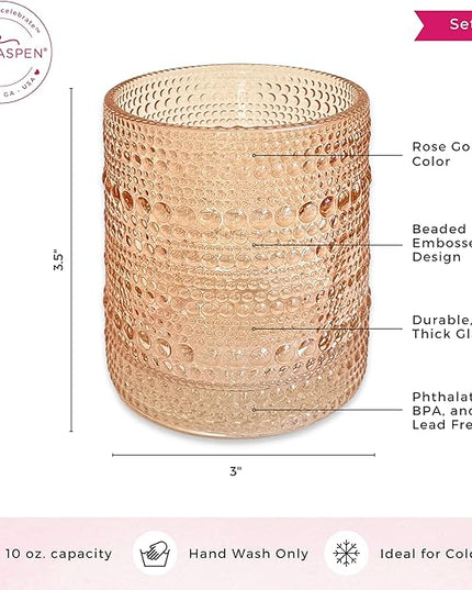 Kate Aspen Rose Gold Cups Pink Hobnail Beaded Drinking Glasses Set of 6-10 oz Vintage Glassware Set Cocktail Glass Set, Juice Glass, Water Cups | Makes A Great Hostess Gift, Gift for New Home Owners