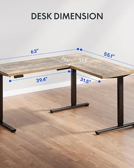 FLEXISPOT L Shaped Standing Desk, 63 x 55 Inch Electric Height Adjustable Corner Desk, Sit Stand Computer Workstation, Preset Controller, Home Office, Black Frame with Rustic Brown Top