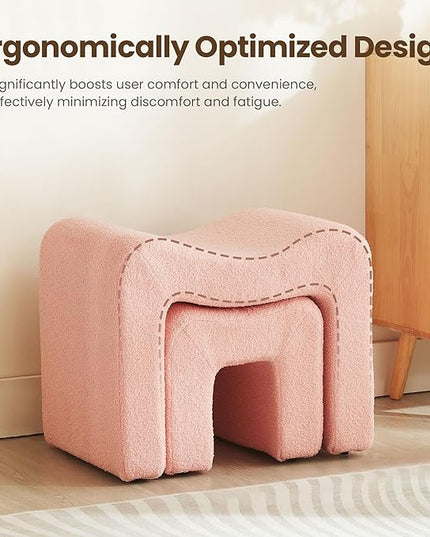 Ottoman Set of 2 Vanity Stool Chair Seating Backless Modern Foot Rest Teddy Velvet Small Footstool Ottoman for Makeup Room Living Room Bedroom Entryway,(2-in-1) Pink