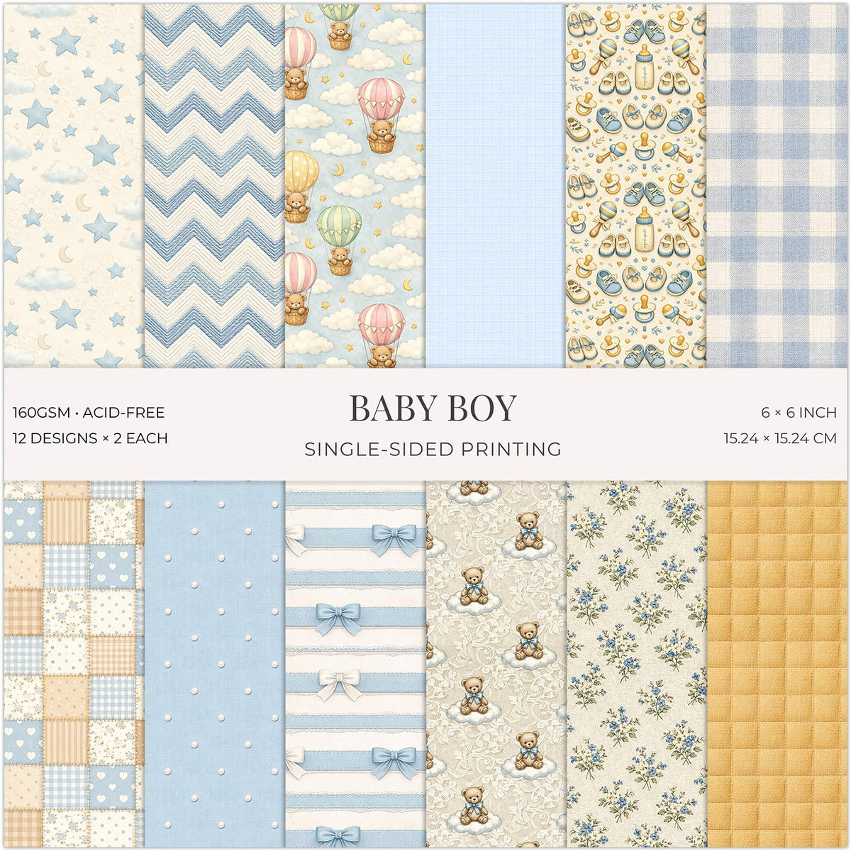 Jotlink 24 Sheets Baby Boy Scrapbook Paper Pad, 6x6 inch Heavyweight 160GSM Single-Sided Cardstock, Smooth Matte Vintage Sweet Nursery Patterned Paper for Card Making Photo Album Collage & DIY Crafts