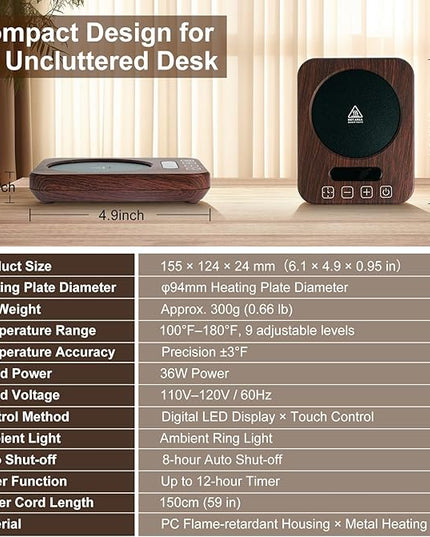 Coffee Mug Warmer with Temperature Control, 36W Electric Mug Heater, 120–180°F Adjustable Desk Cup Warmer with Timer & Auto Shut-Off, Ambient Light, Walnut Wood-Grain Finish, Gift for Home & Office