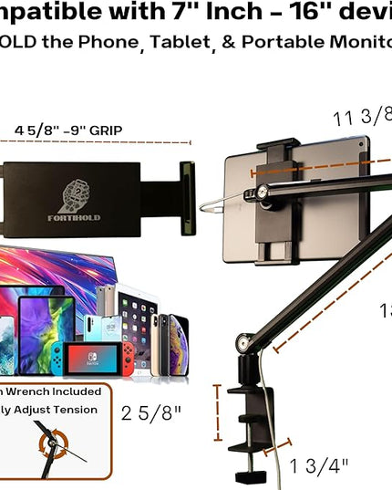 FORTIHOLD Stand for 16 Inch Portable Monitor - Heavy Duty Aluminum Mount with Infinite Angle Adjustment, Built-in Cable Management - Fits iPad Pro 12.9, Tablets, iPhone (Holds 4.7"-16" Devices)