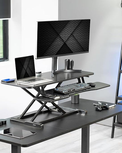 VIVO 42 inch Desk Converter, K Series, Height Adjustable Sit to Stand Riser, Dual Monitor and Laptop Workstation with Wide Keyboard Tray, Black Carbon Fiber Top, Black Frame, DESK-V042KR