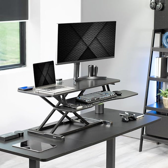 VIVO 42 inch Desk Converter, K Series, Height Adjustable Sit to Stand Riser, Dual Monitor and Laptop Workstation with Wide Keyboard Tray, Black Carbon Fiber Top, Black Frame, DESK-V042KR