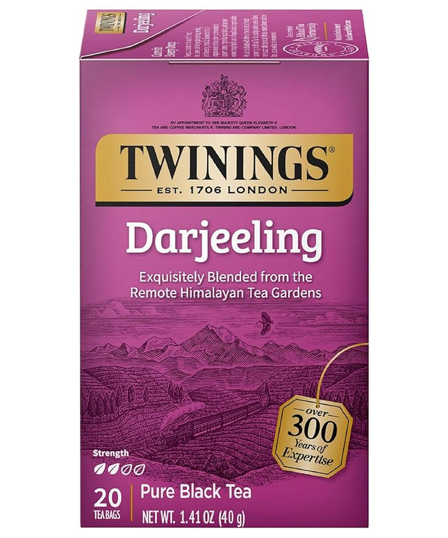 Twinings Darjeeling Black Tea Individually Wrapped Bags, 20 Count (Pack of 1), Delicate Light Taste, Caffeinated, Enjoy Hot or Iced, 20 Teabags
