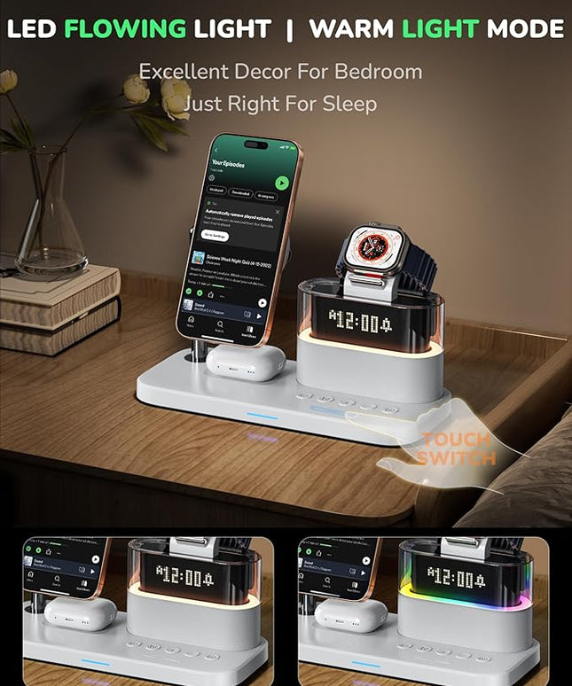 5 in 1 Wireless Charging Station for Apple,Magnetic Charger with Alarm Clock Night Light for Multiple Devices,Nightstand Charging Station Compatible with iPhone 17/16/15/14/13/12,Apple Watch,Air-Pods