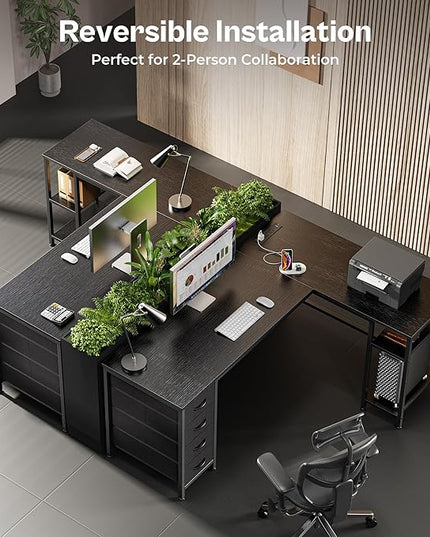 Huuger 55 Inch L Shaped Desk with Fabric Drawers, Reversible Computer Gaming Desk with Power Outlets and USB-C Port, Adjustable Side Storage Shelves, for Work Study Corner Home Office, Black