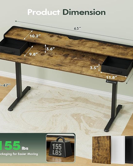 Homall Electric Standing Desk with 2 Drawers, Adjustable Height Computer Desk with Monitor Shelf Sit Stand Table with Splice Board Quick Install for Home Office (Rustic Brown, 63 Inch)
