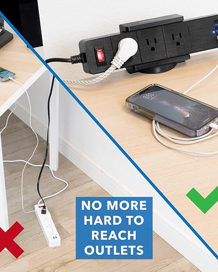 Mount-It! Power Strip Holder Clamp Desk Mount with Included Surge Protector | Black Desktop Power Outlet with 3 USB Ports and 3 AC Power Outlets | Adjustable Power Strip Clamp Mount