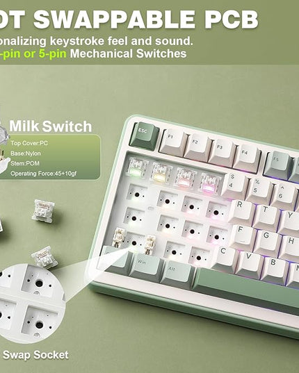 YUNZII B75 PRO Wireless Mechanical Keyboard,75% Layout with Knob,Hot Swap Gasket Structure,Creamy Pre-lubed Switches,RGB Backlit,Bluetooth/Type-C/2.4G for Win/Mac (Matcha Green, Milk Switch)