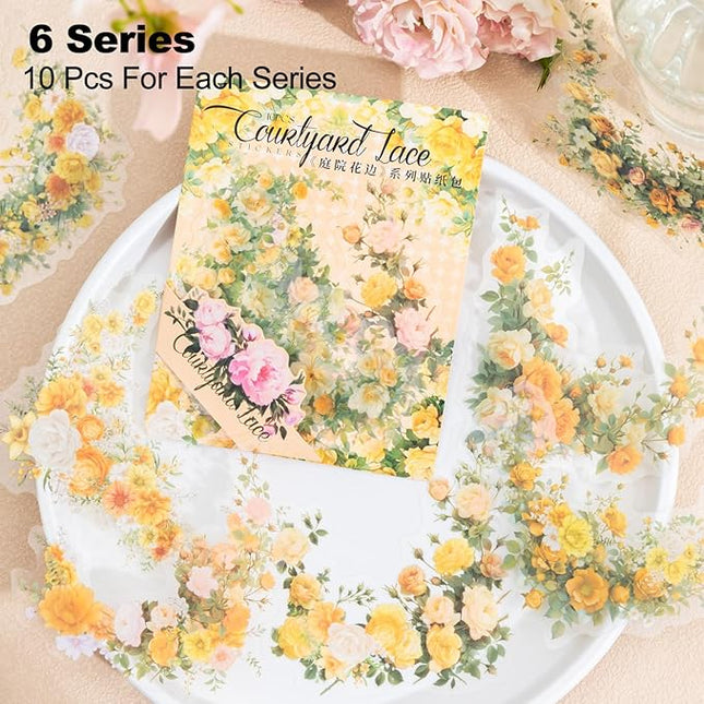 MiyouLuna 60 Pcs Vintage Flower PET Stickers Set, Large Floral Corner Stickers for Scrapbooking, Journaling, DIY Crafts, with Organizer