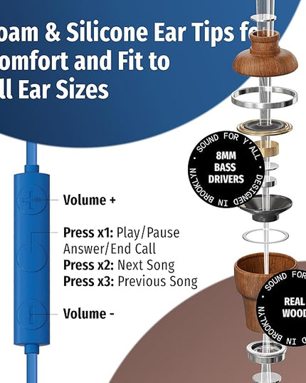 Symphonized Premium Wooden iPhone Earphones Wired (USB C) Deep Bass Sound, 3D Sound, Microphone Volume Control, 90% Noise Cancelling for Type C Devices. Earphones for iPhone 15 to 17 & Android