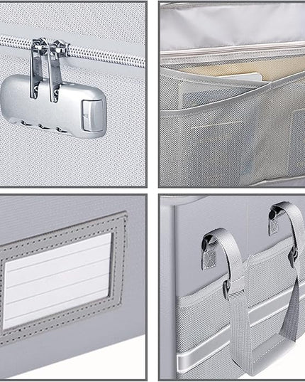 ENGPOW File Box with Lock, Fireproof Document Box with Zipper＆Pockets, Collapsible File Organizer Filing Storage Cabinet with Handle, Portable Home Office Safe for Hanging Letter/Legal Folder,Silver