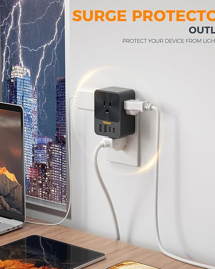 30W Wall Charger, TESSAN Fast Charging Multi Plug Adapter with 3 Outlet Extender Surge Protector, Multiple Plug with 4 USB Block Power Delivery (2 USB C Ports) for Home Office Essentials
