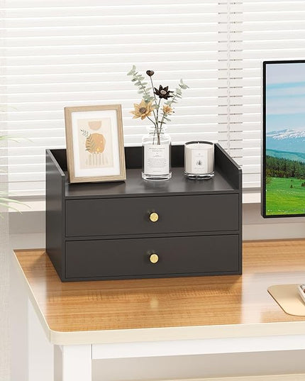 Bamboo Desk Organizer with Drawers Wooden Desktop Storage Drawers for Bills Office Supplies Kitchen Utensils Organizing Tool for Home Classroom Organization No Assembly (2 Drawers, Black)