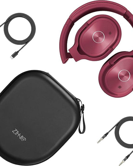 ZIHNIC Active Noise Cancelling Headphones, 40H Playtime Wireless Bluetooth Headset with Deep Bass Hi-Fi Stereo Sound,Comfortable Earpads for Travel/Home/Office (Red)