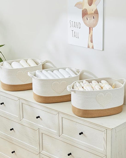 Storage Bins Woven Baskets for Storage Set of 3, Cotton Rope Basket with Handles for Toys/Shelves/Laundry, Rectangle Multi-Purpose Organizer for Living Room, Bedroom, Nursery (Heart)
