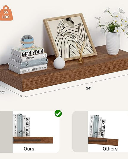 Heimlove 24 x 12 Inch Deep Floating Shelves Wall Mounted with Invisible Brackets,Storage Hanging Shelf for Wall Decor in Bathroom, Bedroom, Toilet, Kitchen, Living Room, Office Set of 1 (Walnut)