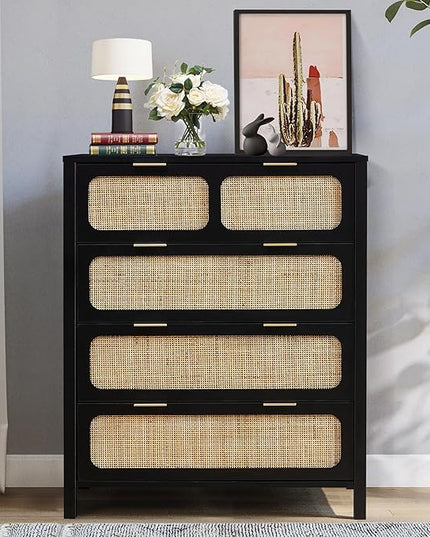 LEVNARY 4 Drawer Dresser for Bedroom, Rattan Dresser Drawers Storage Cabinet with Metal Handles, Wooden Chest of Drawers for Bedroom, Entryway, Living Room, Hallway (1, Black)