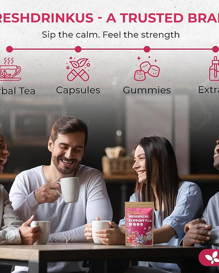 FreshDrinkUS, 40 Tea Bags - Menopause Support Herbal Tea – Soothing Blend with Rhubarb, Hibiscus, Valerian, Passiflora, Ashwagandha, Fennel & Chamomile, Caffeine-Free, Vegan, Non-GMO