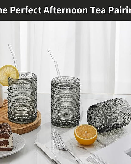 Vintage Hobnail Drinking Glasses Set of 12, 15oz Textured Tumblers - Embossed Grey Bar Glasses for Cocktails, Beer, Whiskey, Dishwasher-Safe Highball Cups for Kitchen, Juice & Mixed Drinks