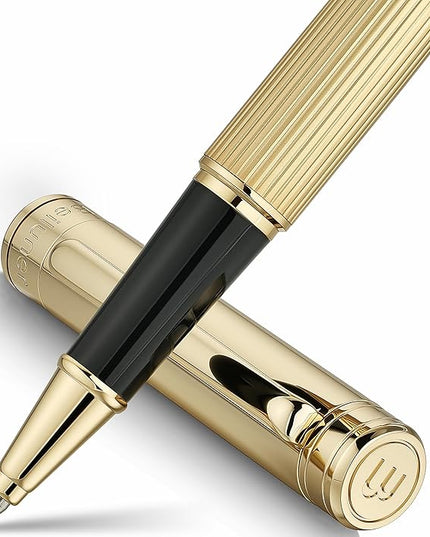 BEILUNER Lighthouse Series Rollerball Pen, 24K Gold Finish Pen Body, Exquisite Vertical Lines, Schneider 850 Refill, Nice Pen Gift Set for Men & Women, Office, Executive and Fancy Designer Pens (Gold)