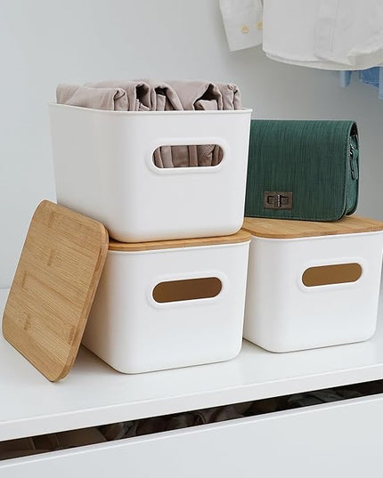 Citylife 4 PCS Storage Bins with Bamboo Lids Plastic Storage Containers for Organizing Stackable Storage Box with Handle, 10.23 x 7.08 x 6.3 inch