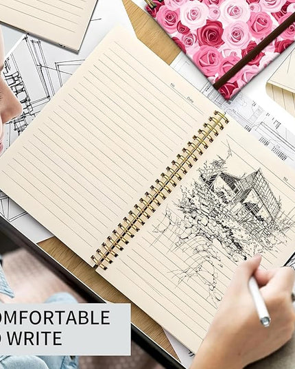 Spiral Journal Notebook, A5 Cute Notebooks for Women Men, College Ruled Hardcover Notebook for Work & Note Taking, 60 Pages Double-Wire Journals for Writing, Cute Pink Rose