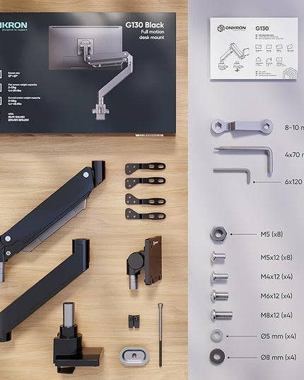 ONKRON Heavy Duty Monitor Arm for 17-57 Inch Screens up to 59.4 lbs, Ultrawide Screen Mount with Adjustable Gas Spring, VESA 75x75-200x200, Single Arm Monitor Mount for Desk, Clamp & Grommet Black